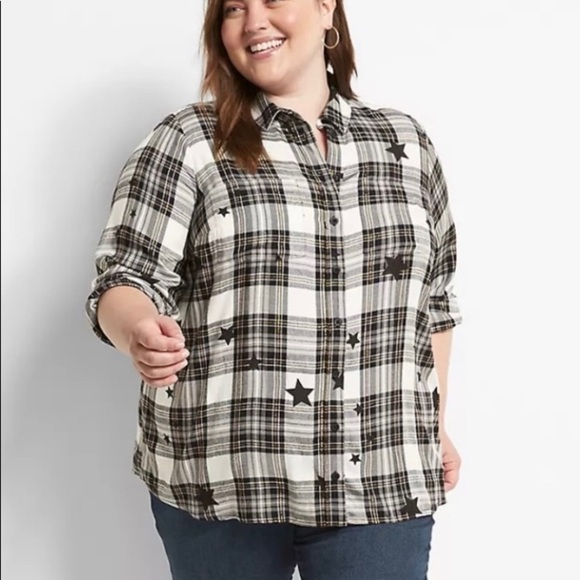 𝅺Lane Bryant No-Peek Button-Front Plaid Star Print Top Shirt NWT - Picture 1 of 13
